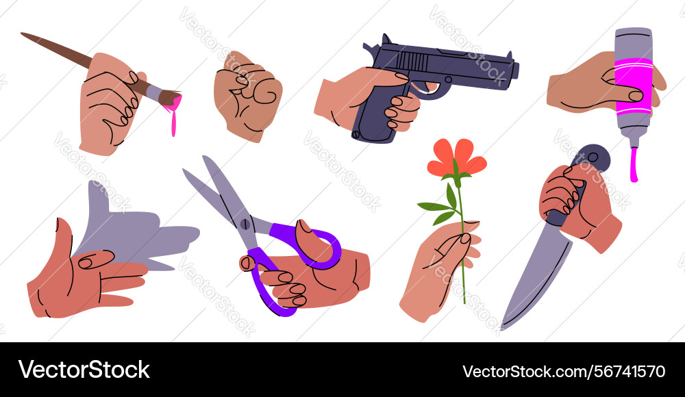 Doodle hands showing gestures and holding objects Doodle hands showing gestures and holding objects vector image