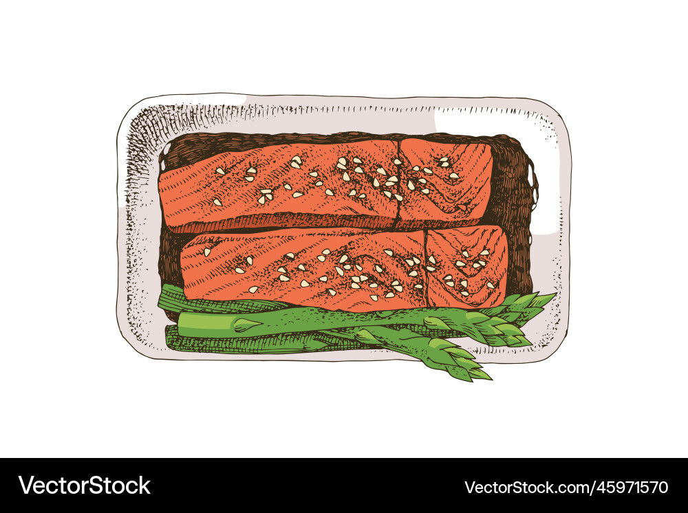 Japans teriyaki Lachs mit grünem Gemüse Japans teriyaki Lachs mit grünem Gemüse vektorbild