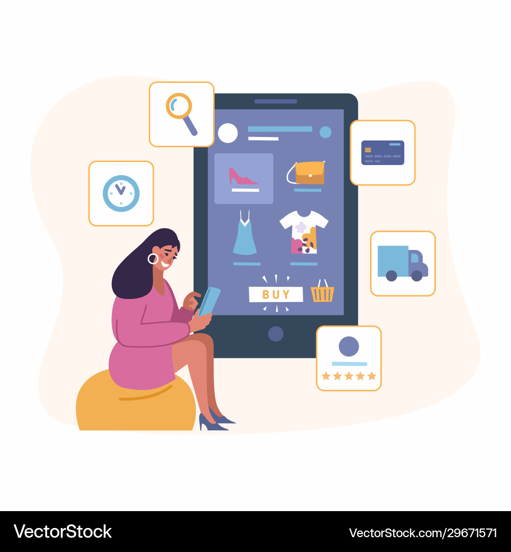 Einkaufen mit mobile App im Online-Shop - Wohnung Einkaufen mit mobile App im Online-Shop - Wohnung vektorbild
