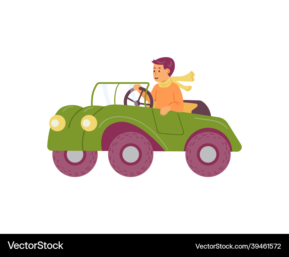 Child driving vintage cabriolet car flat Child driving vintage cabriolet car flat vector image