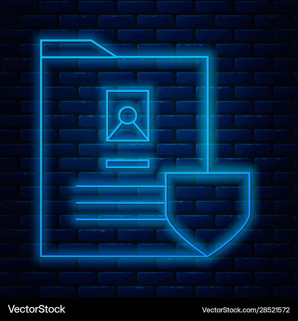 Glowing neon line document with shield icon Glowing neon line document with shield icon Vector Image
