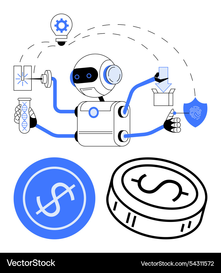 Robot with multiple arms holding various Robot with multiple arms holding various vector image