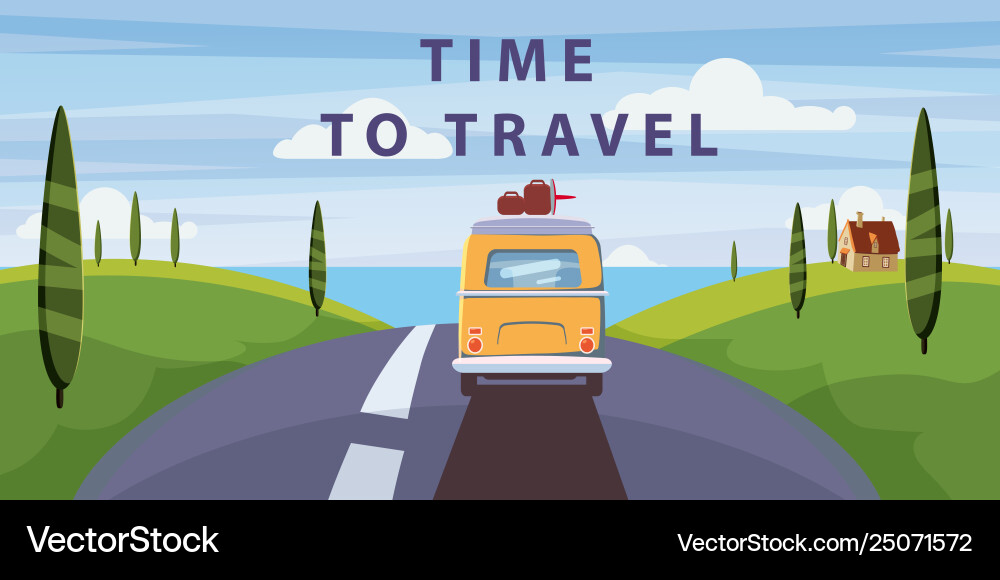 Time to travel van camper bus on road goes vector image