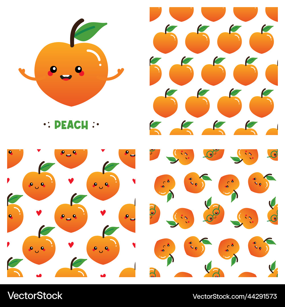 Peach character and three patterns set Peach character and three patterns set Vector Image