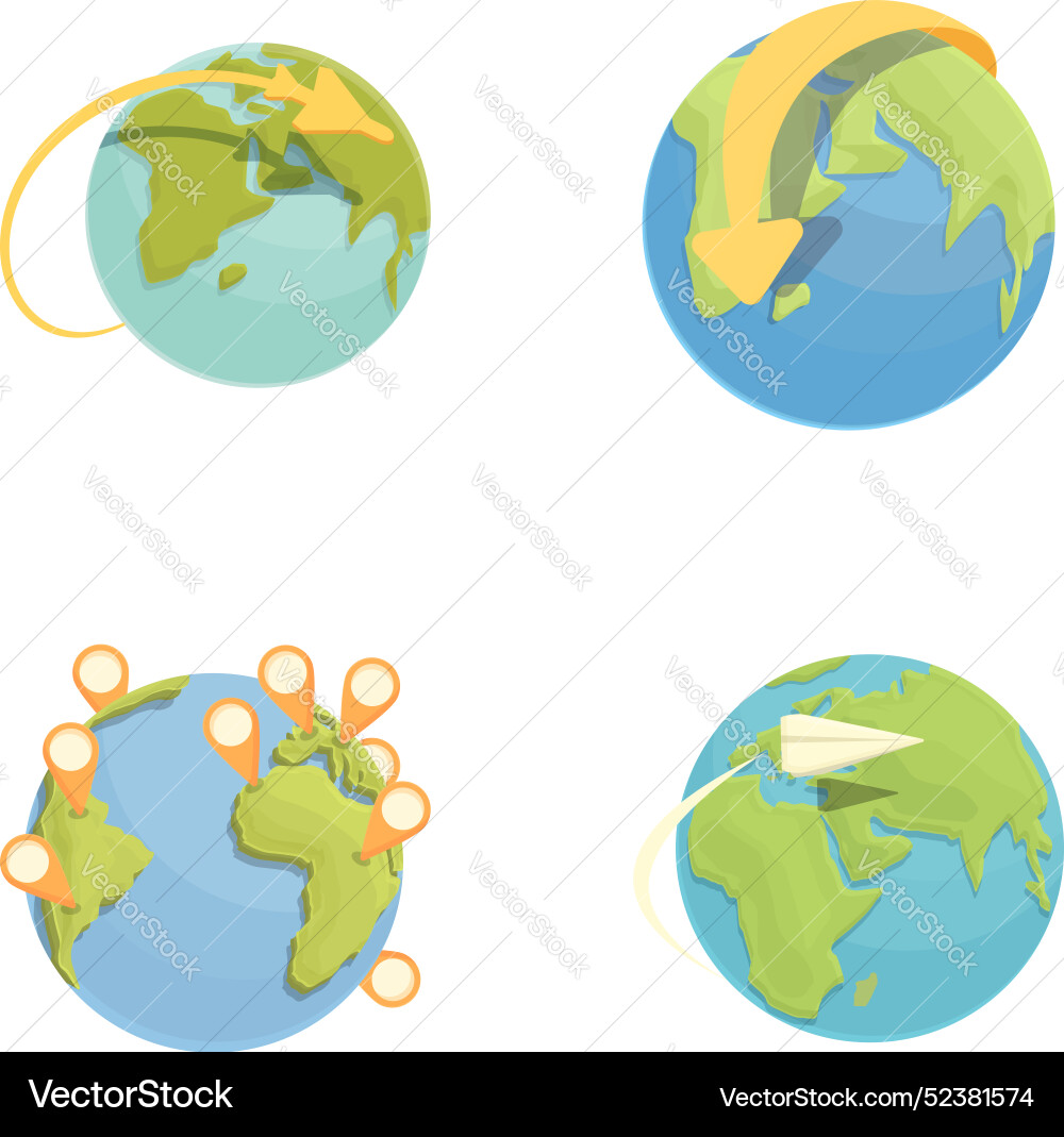 Around world icons set cartoon plane flies Around world icons set cartoon plane flies vector image