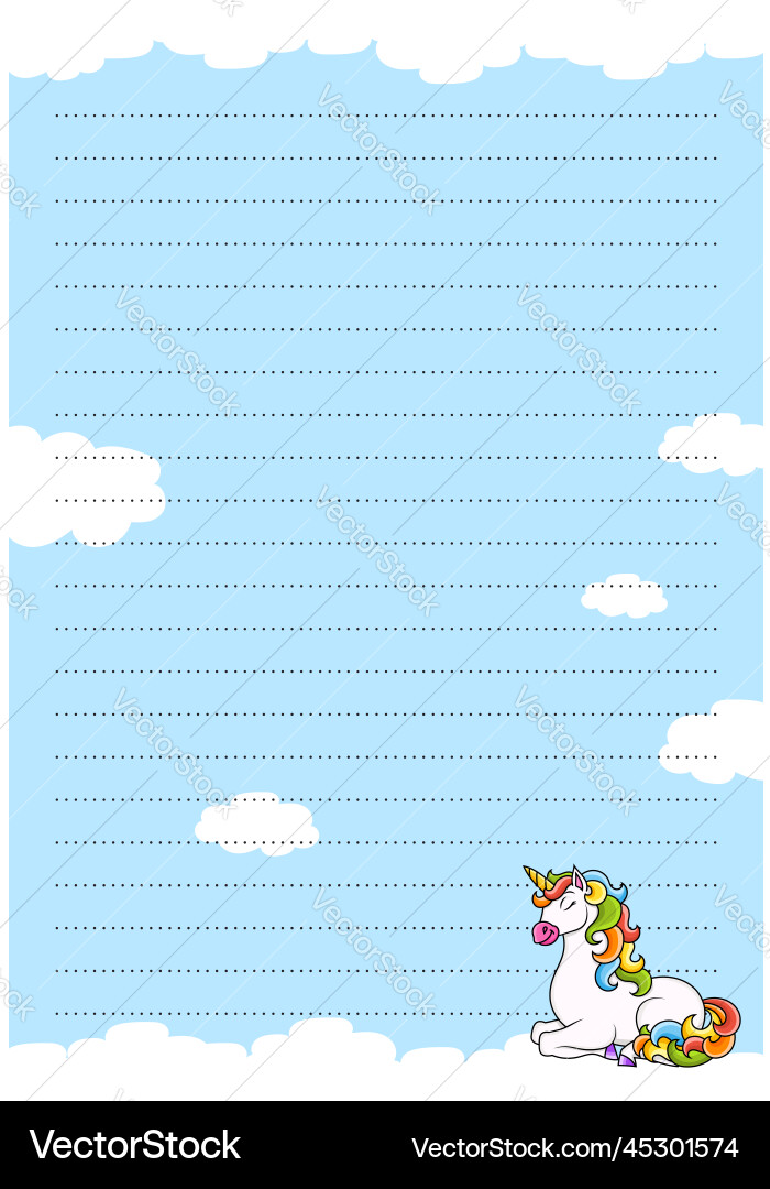 Colored sheet template for notes with unicorn Vector Image