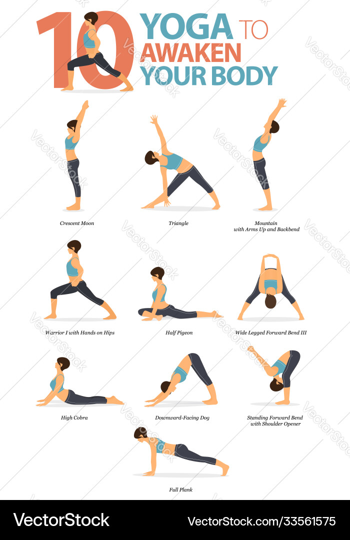 10 Simple Yoga Poses for Awakening Vector Image