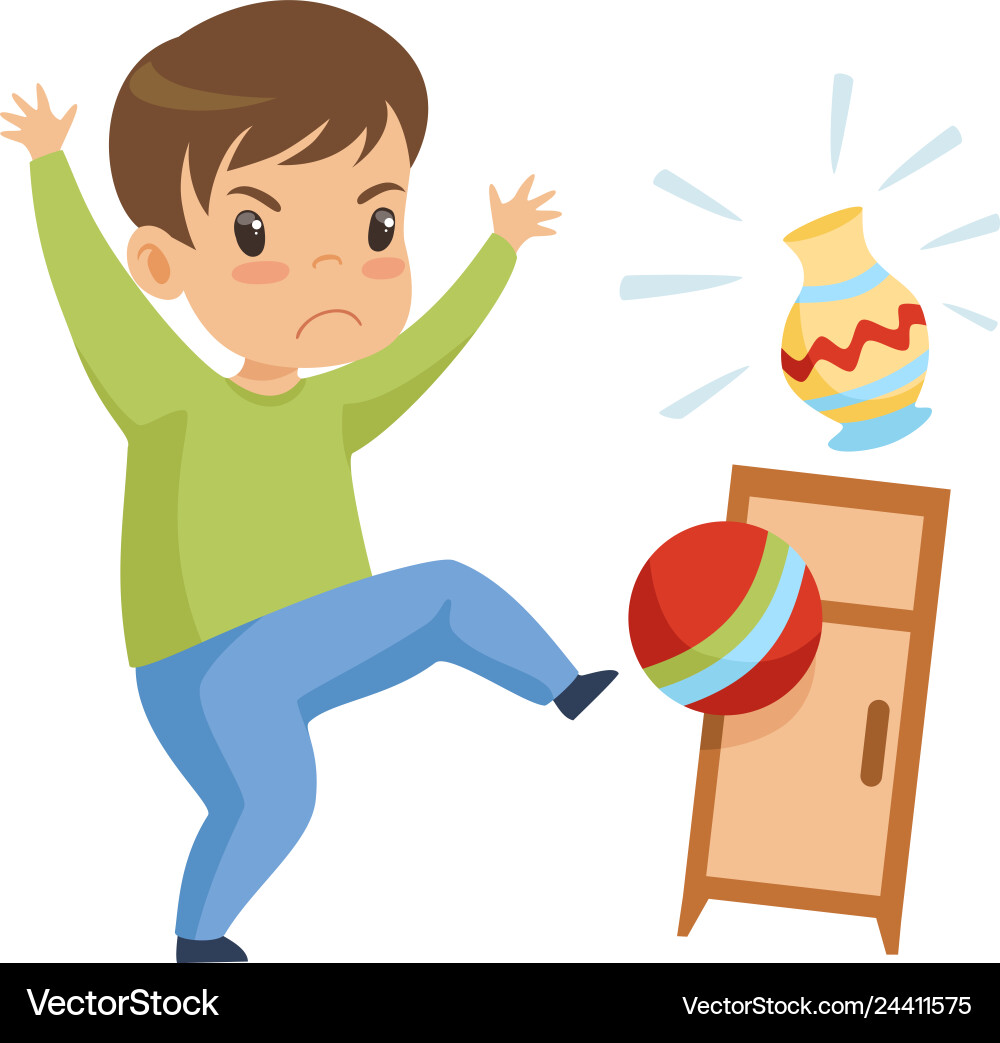 Cute naughty boy playing with ball at home bad Cute naughty boy playing with ball at home bad vector image