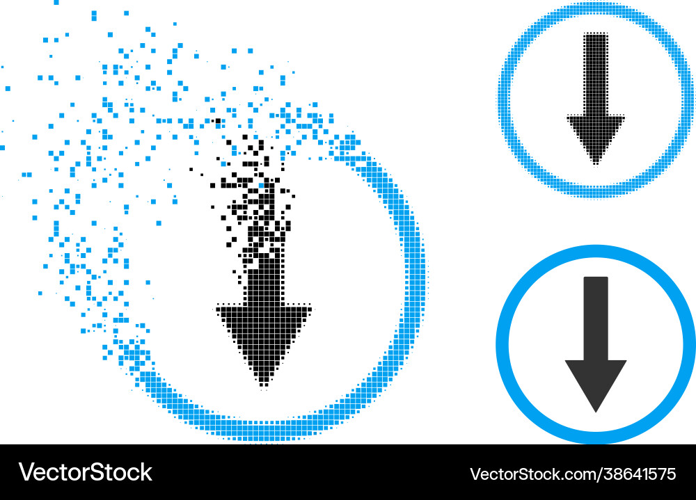Decomposed and halftone dotted down rounded arrow Decomposed and halftone dotted down rounded arrow Vector Image
