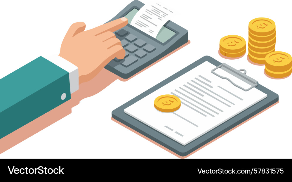 Hand using calculator with receipt and clipboard Vector Image