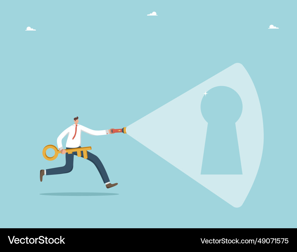 Man runs and shines flashlight on keyhole Man runs and shines flashlight on keyhole vector image