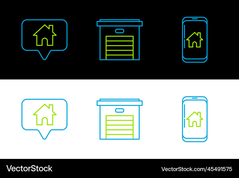 Set line mobile phone with smart home map pointer Set line mobile phone with smart home map pointer vector image
