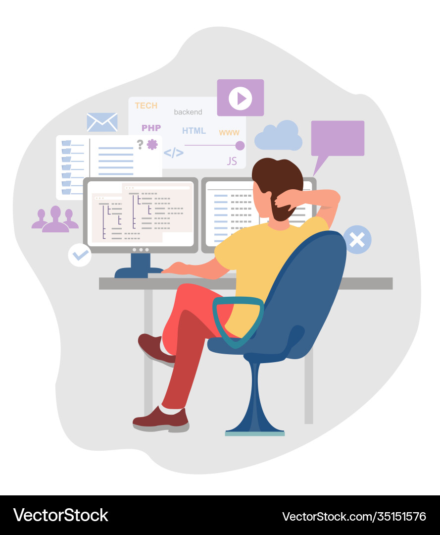 Programmer working on web development computer vector image