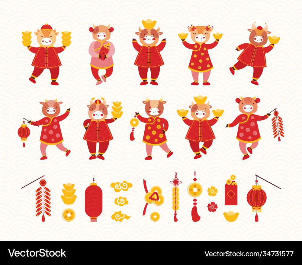 Collection chinese new year 2021 cartoon kids Collection chinese new year 2021 cartoon kids vector image