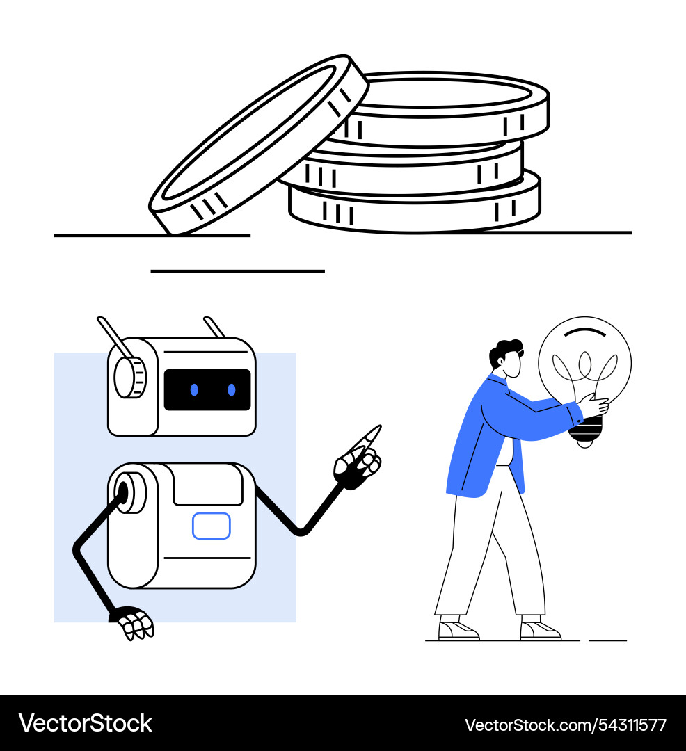Robot pointing coins stack person holding bulb vector image