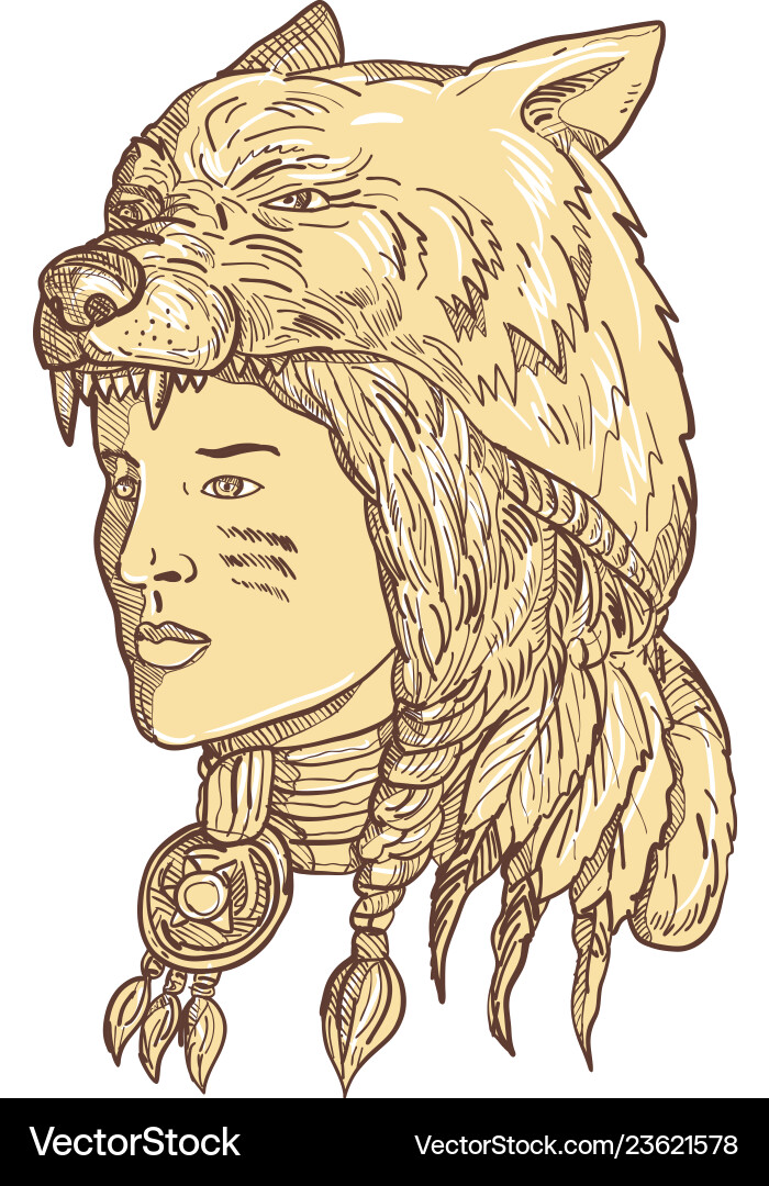 Native american woman wearing wolf headdress vector image