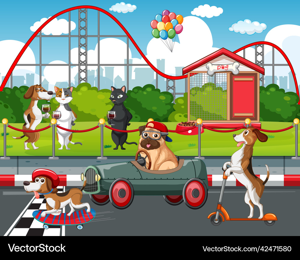 A group of different pet driving car on park vector image