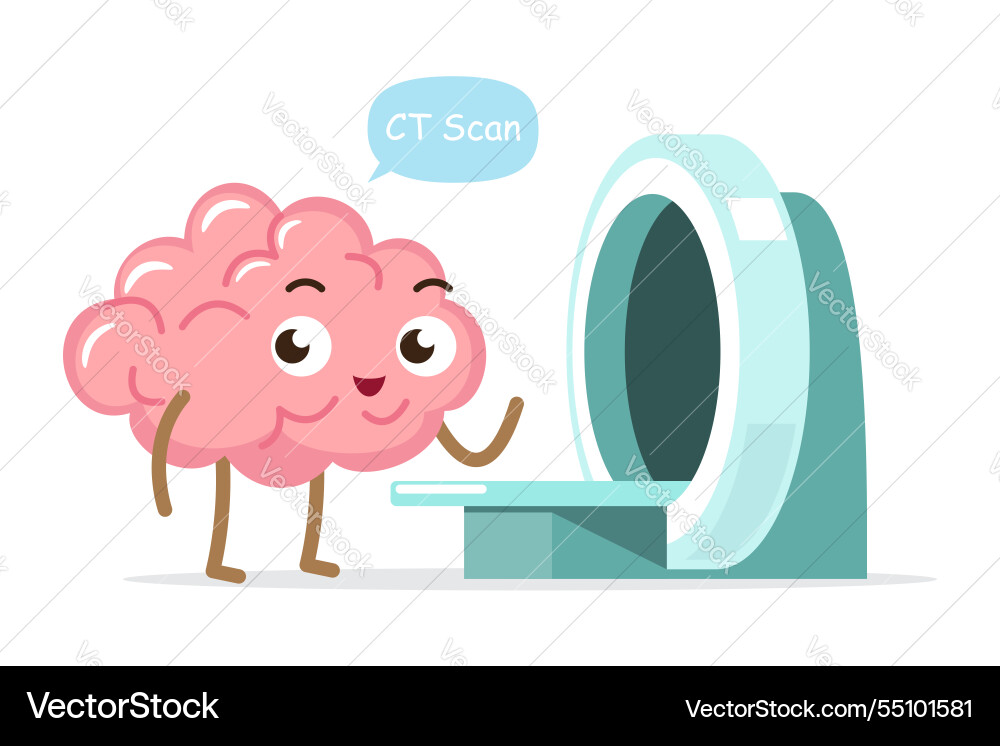 Brain cartoon character and ct scan machine Brain cartoon character and ct scan machine vector image