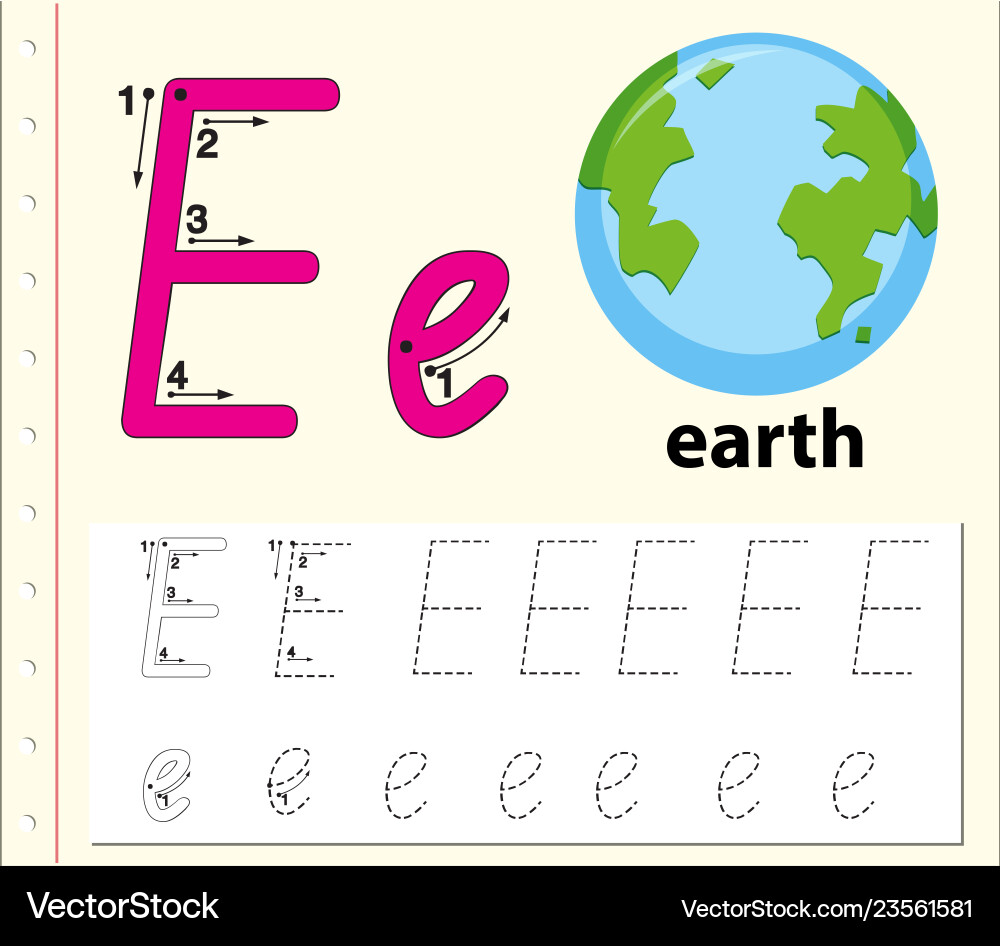 Letter e tracing alphabet worksheets Letter e tracing alphabet worksheets vector image