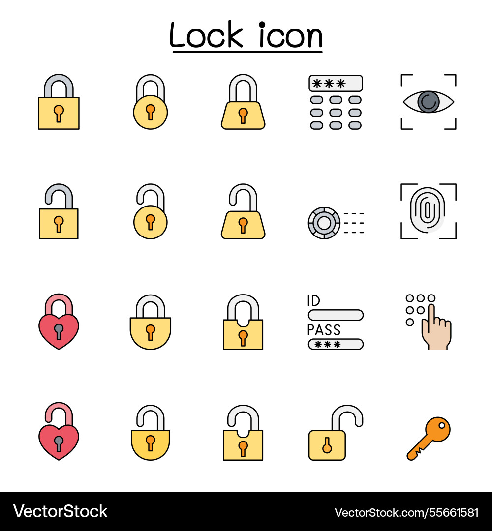 Lock icon set in color line style Lock icon set in color line style Vector Image
