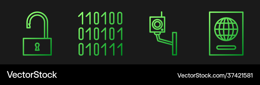 Set line security camera open padlock binary Set line security camera open padlock binary vector image