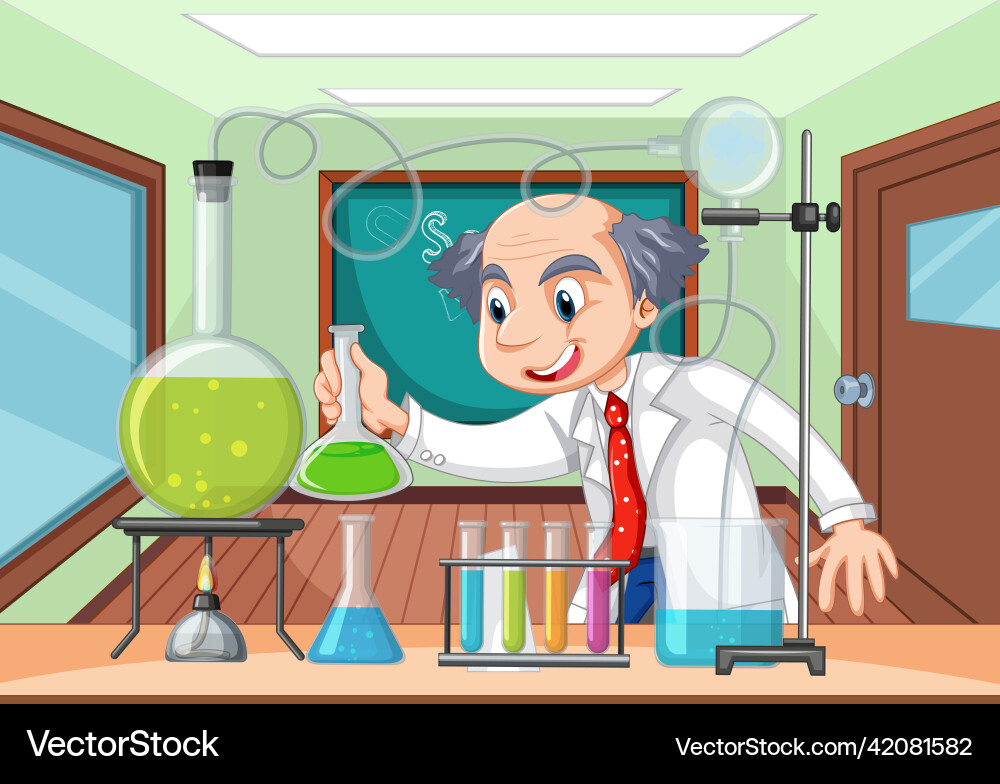 Classroom scene with scientist doing experiment Classroom scene with scientist doing experiment vector image