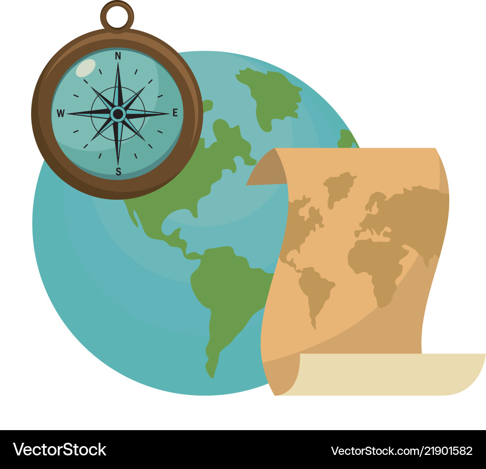 Global planet with map and compass tools vector image