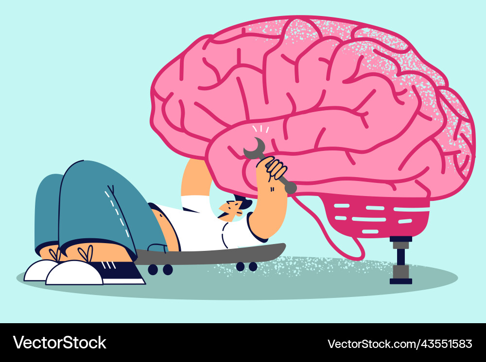 Man Fixing a Brain with Tools Vector Image