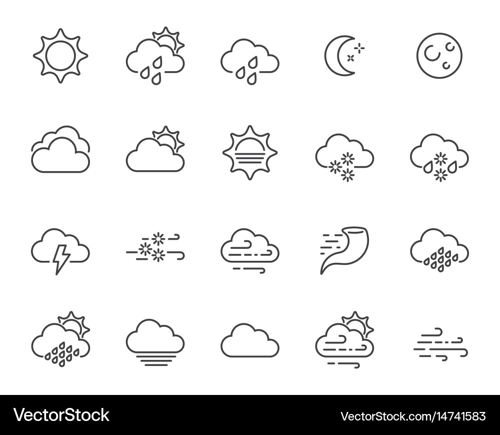 Set minimal weather related line icons contains vector image