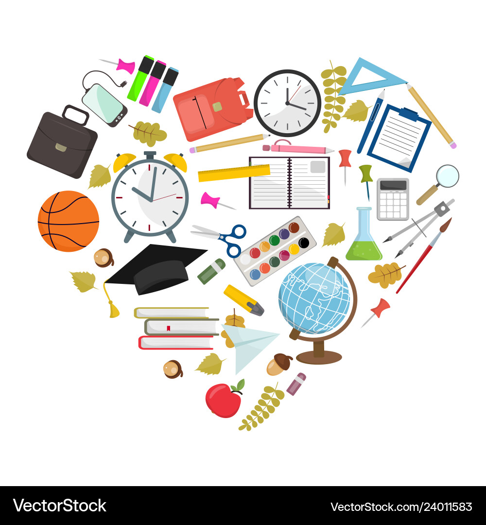 Set of heart shaped school supplies Set of heart shaped school supplies vector image