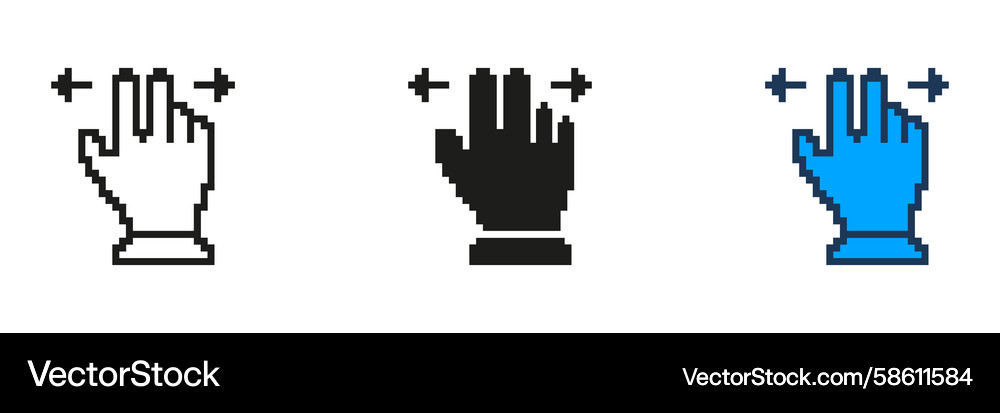 Pixelated hand cursor icon set with arrows to left Vector Image