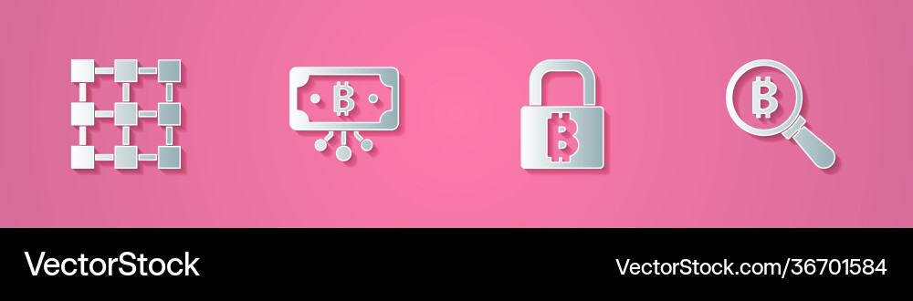Set paper cut blockchain technology bitcoin Set paper cut blockchain technology bitcoin vector image