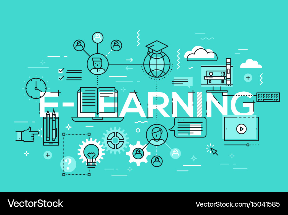 Thin line flat design banner of e-learning web vector image