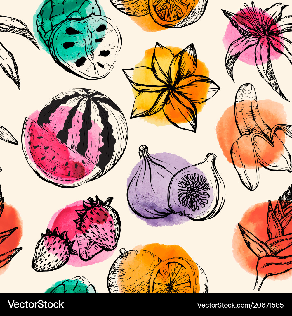 Tropical Watercolor Fruit Pattern Vector Image