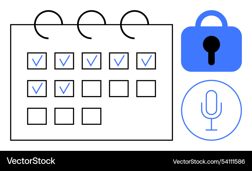 Calendar with checkmarks lock and microphone Calendar with checkmarks lock and microphone vector image