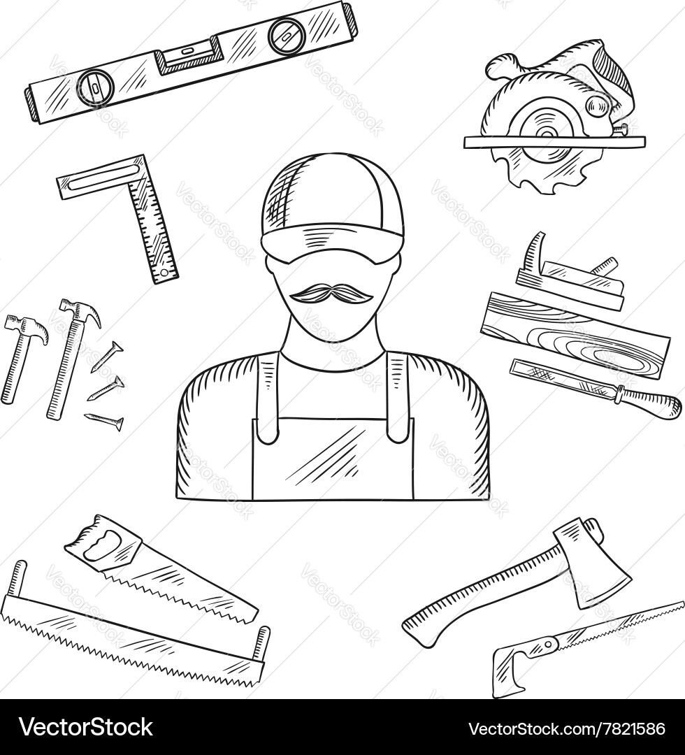 Carpenter and toolbox tools sketches vector image