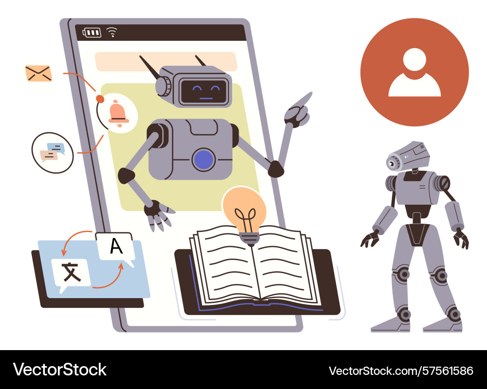 Robots assisting with language translation Robots assisting with language translation vector image