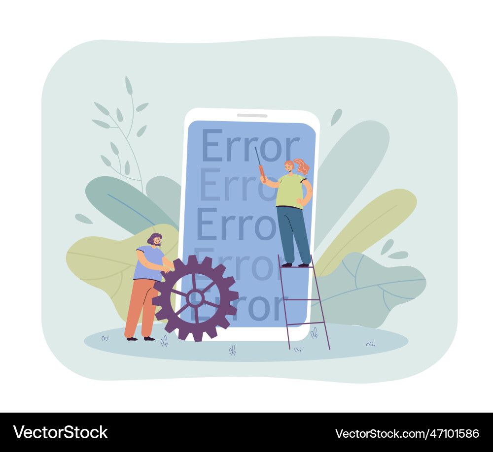 Tiny people fixing phone application errors Tiny people fixing phone application errors vector image