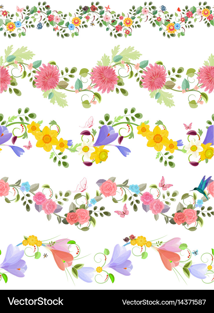 Floral Seamless Borders - Roses & Flowers Vector Image