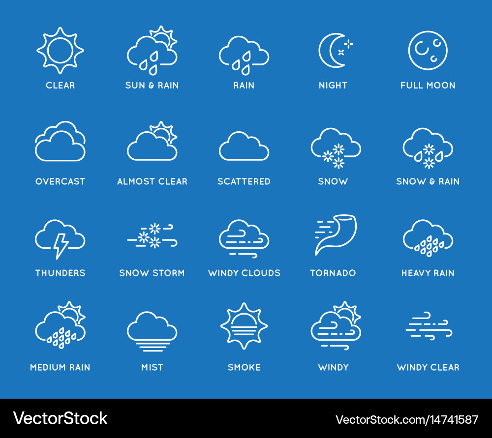 Set minimal weather related line icons contains vector image