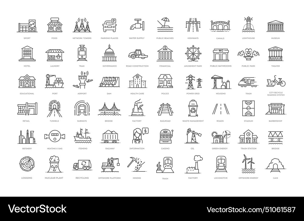 Set of line icons related to public infrastructure Set of line icons related to public infrastructure vector image
