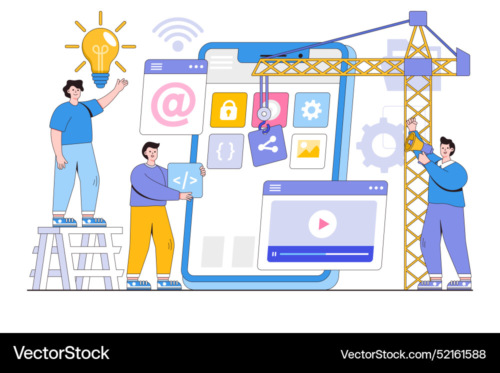 Developers building mobile apps and working Developers building mobile apps and working vector image