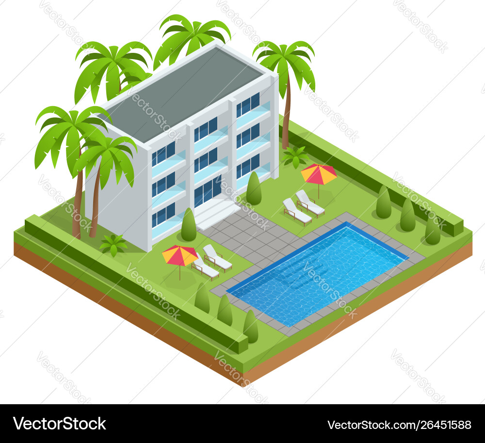 Isometric luxury swimming pool near a modern hotel Isometric luxury swimming pool near a modern hotel vector image