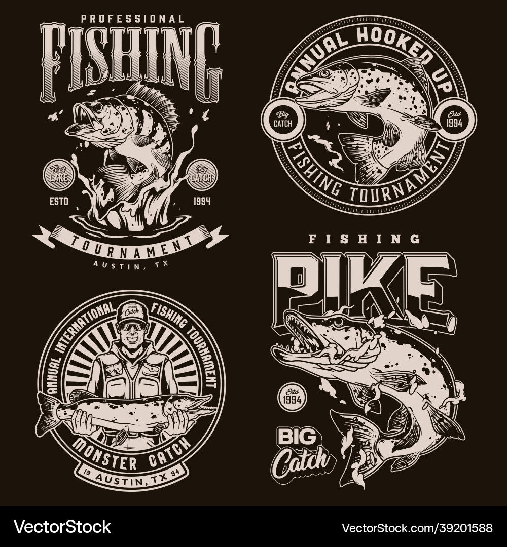 Vintage monochrome fishing emblems vector image