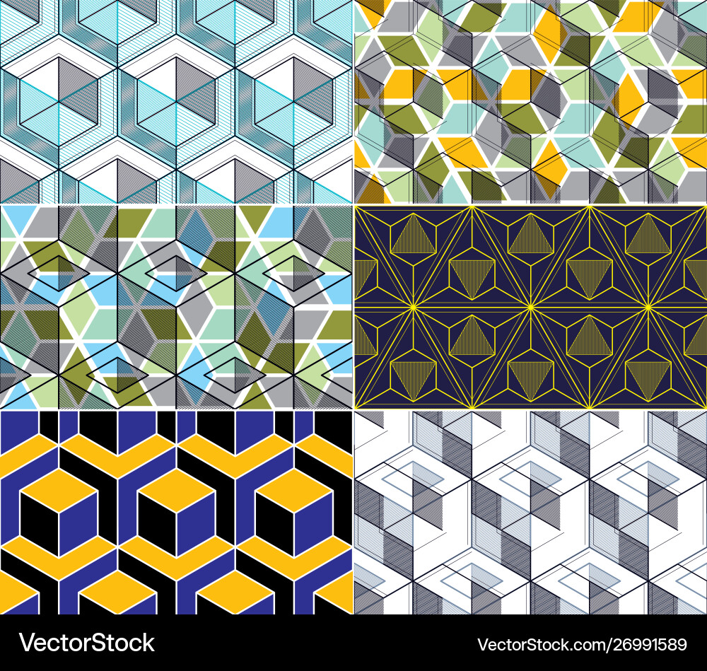 Geometric lines abstract seamless patterns set 3d Geometric lines abstract seamless patterns set 3d vector image