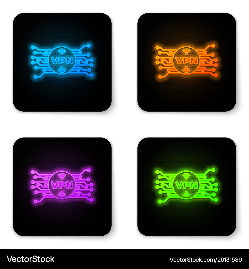 Glowing neon vpn in circle with microchip circuit vector image
