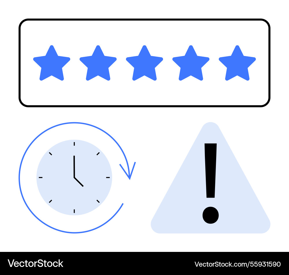 Five-star rating clock with arrow and warning Vector Image