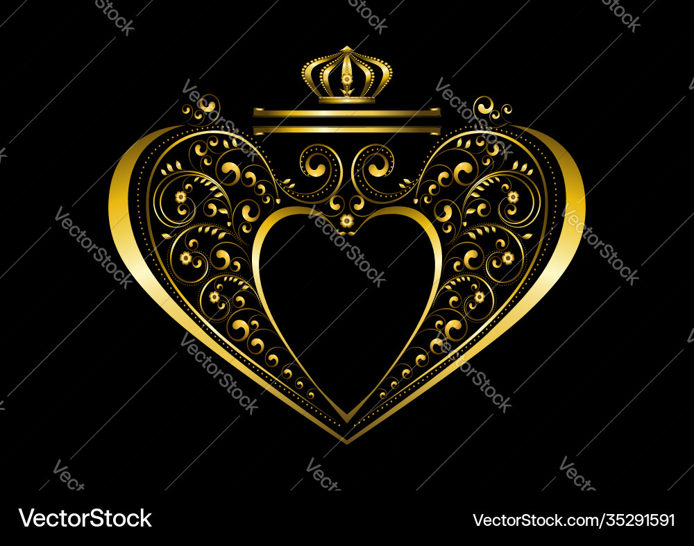 Double ribbon with crown over gold heart frame Double ribbon with crown over gold heart frame vector image