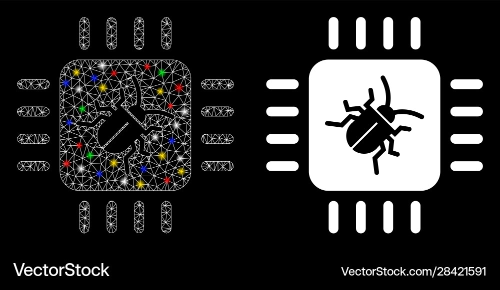 Glowing mesh network hardware bug icon with flash Glowing mesh network hardware bug icon with flash vector image