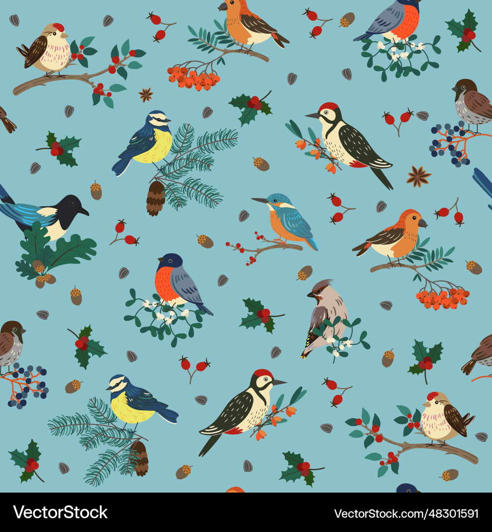 Seamless pattern with different birds on branches Seamless pattern with different birds on branches vector image